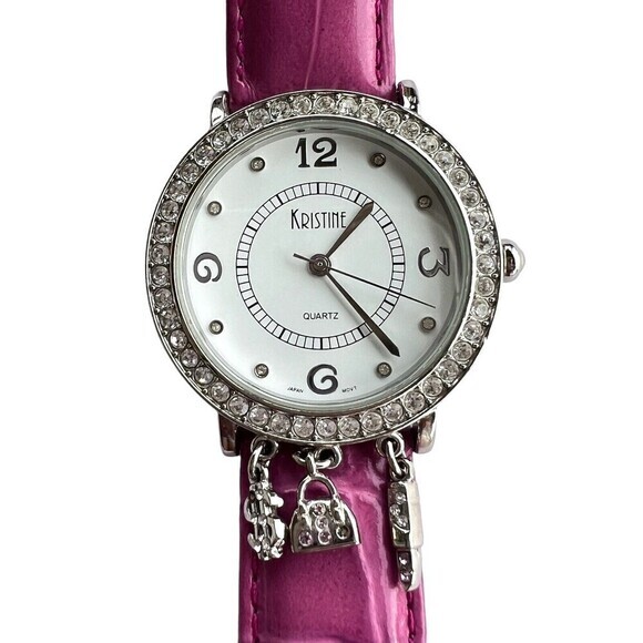 Kristine Women's Quartz Wrist Watch Rhinestone/Charms Pink Japan Movement 7.5 in - Picture 1 of 14